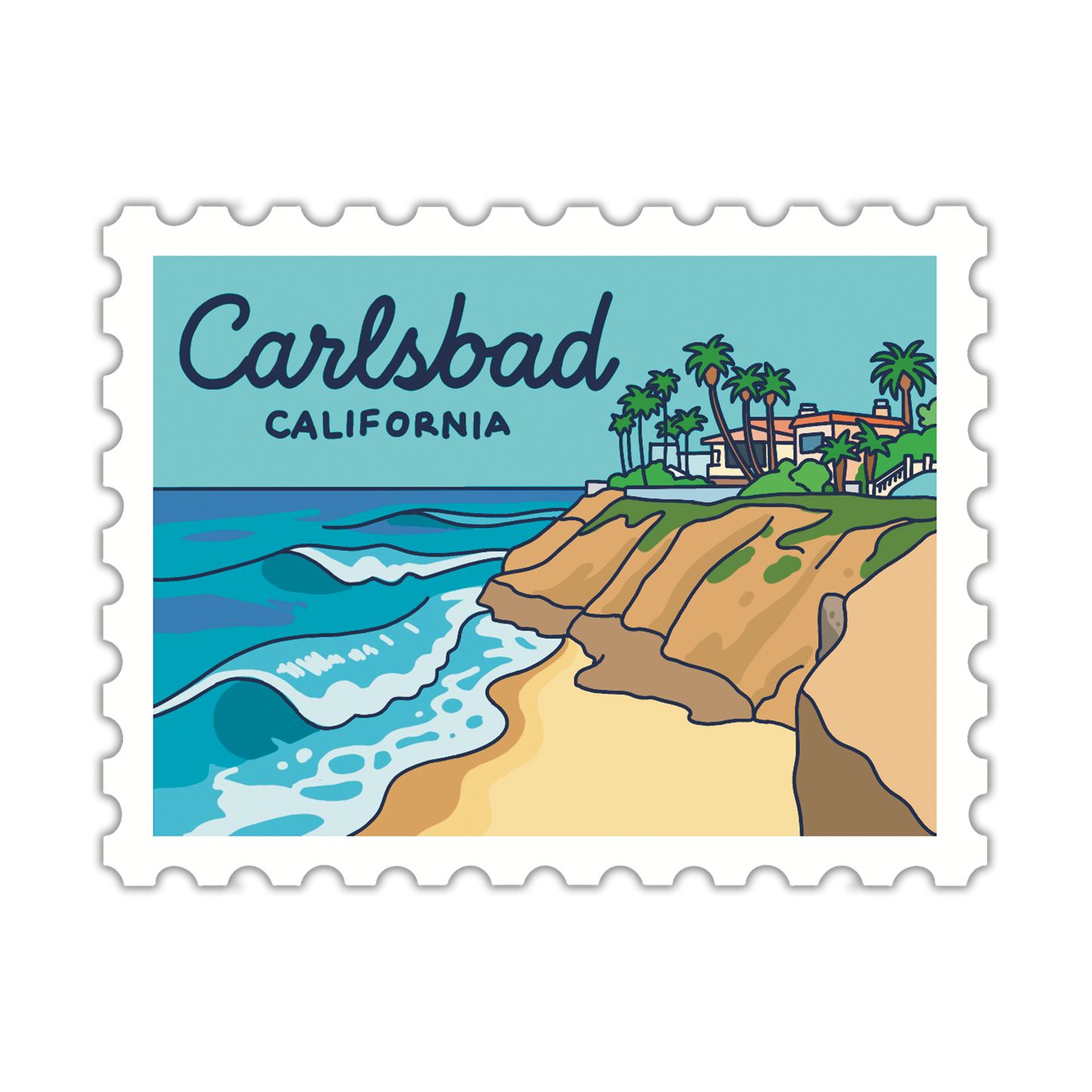 Illustration of a coastal scene with palm trees and buildings, labeled 'Carlsbad California'.