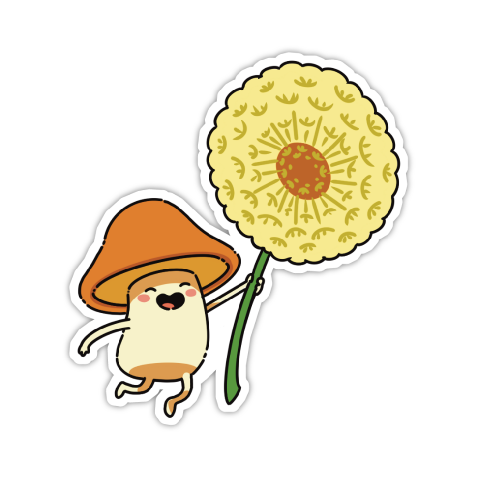 Cartoon mushroom character holding a flower on a white background