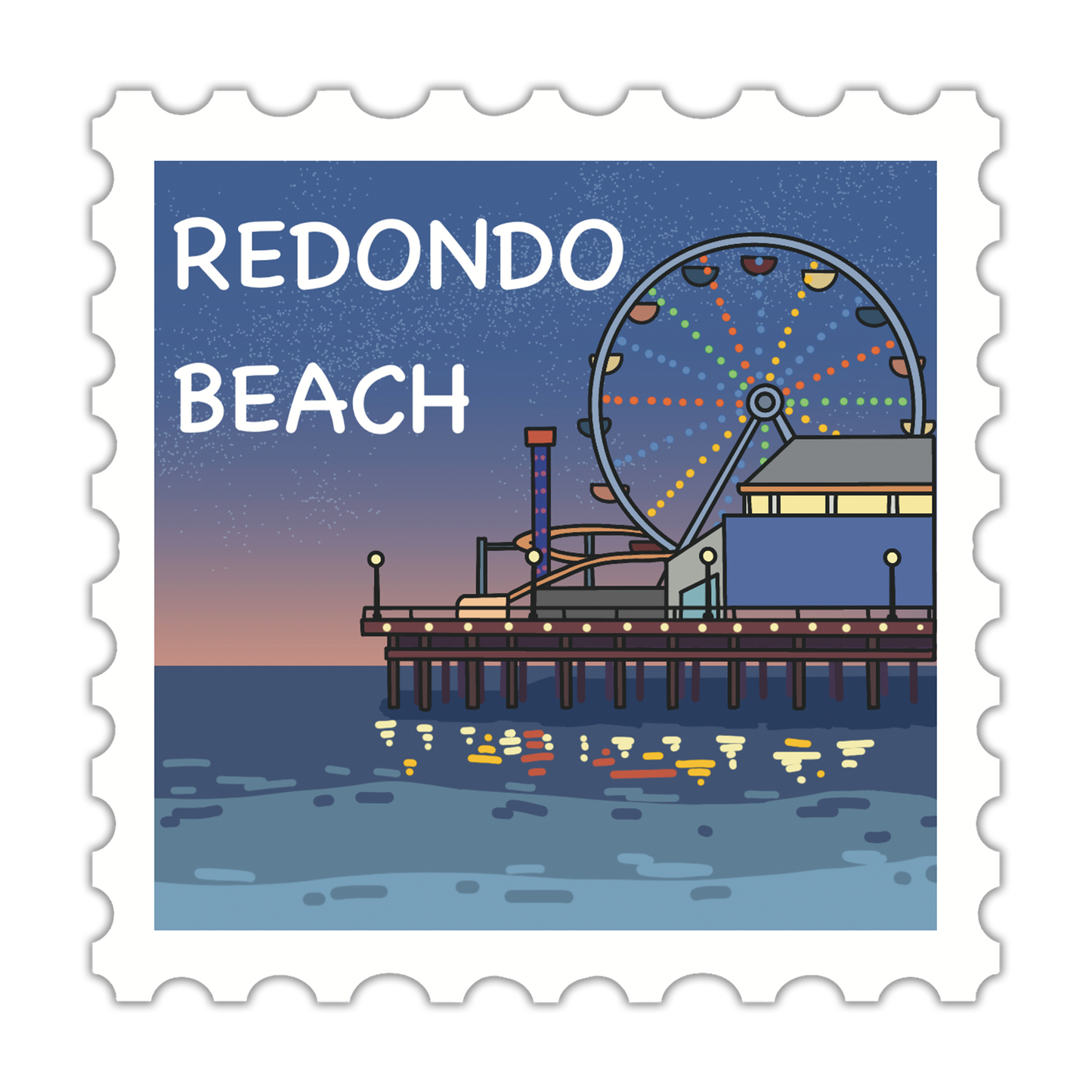 Illustration of Redondo Beach with a ferris wheel and pier on a blue and white background.