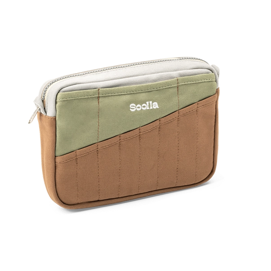 Multicolored pouch with 'Solla' branding on a white background