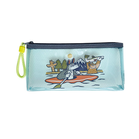 Pencil case with cartoon design of a cat-like creature in a kayak on a light blue background