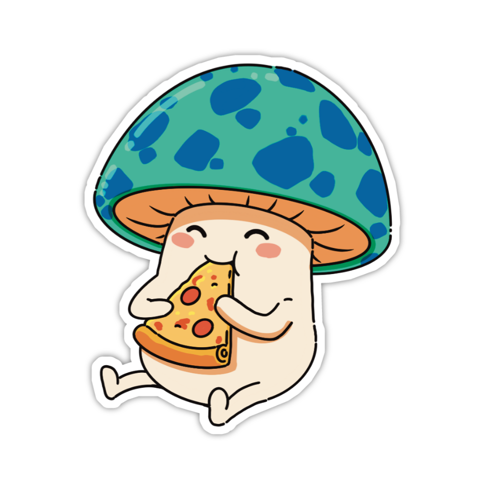 Cartoon character with a mushroom hat holding a slice of pizza on a white background