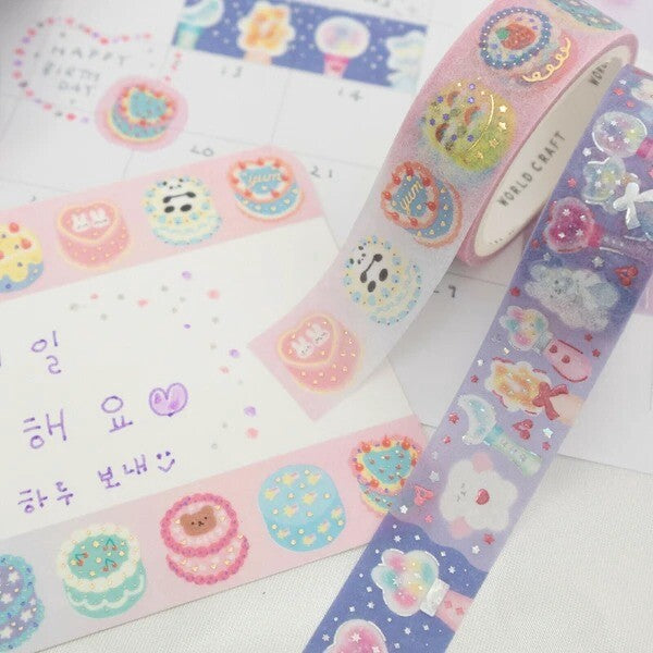 Pink washi tape with assorted cake designs on a table