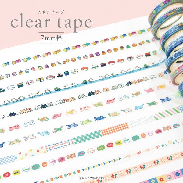 Set of colorful clear tapes with various designs on a white background