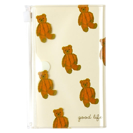 Clear plastic case with orange teddy bear pattern and 'good life' text on a white background