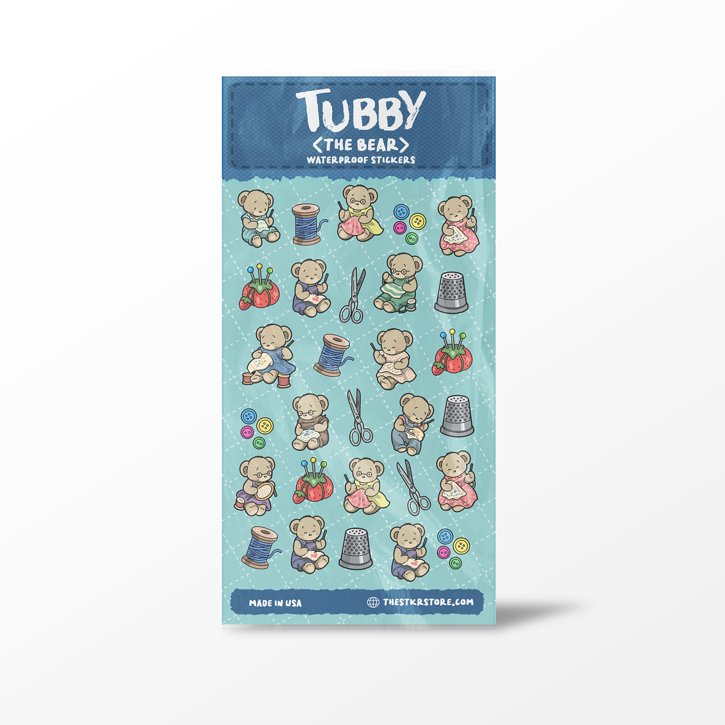 Sticker sheet with cartoon bears and sewing-related items on a blue background, branded 'Tubby the Bear'.