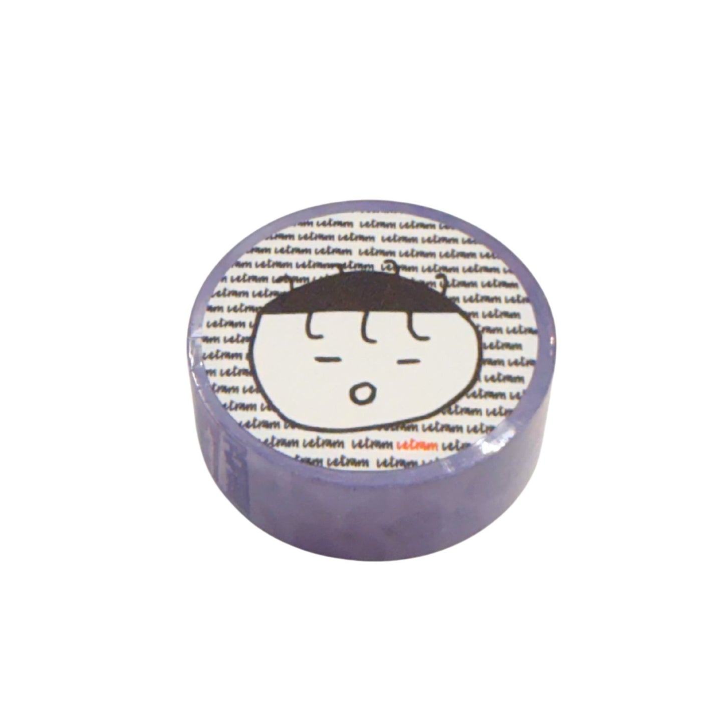 Round purple washi with a cartoon face illustration on a white background