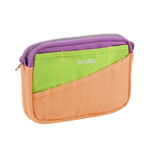 Multicolored pouch with purple top and green middle section on a white background