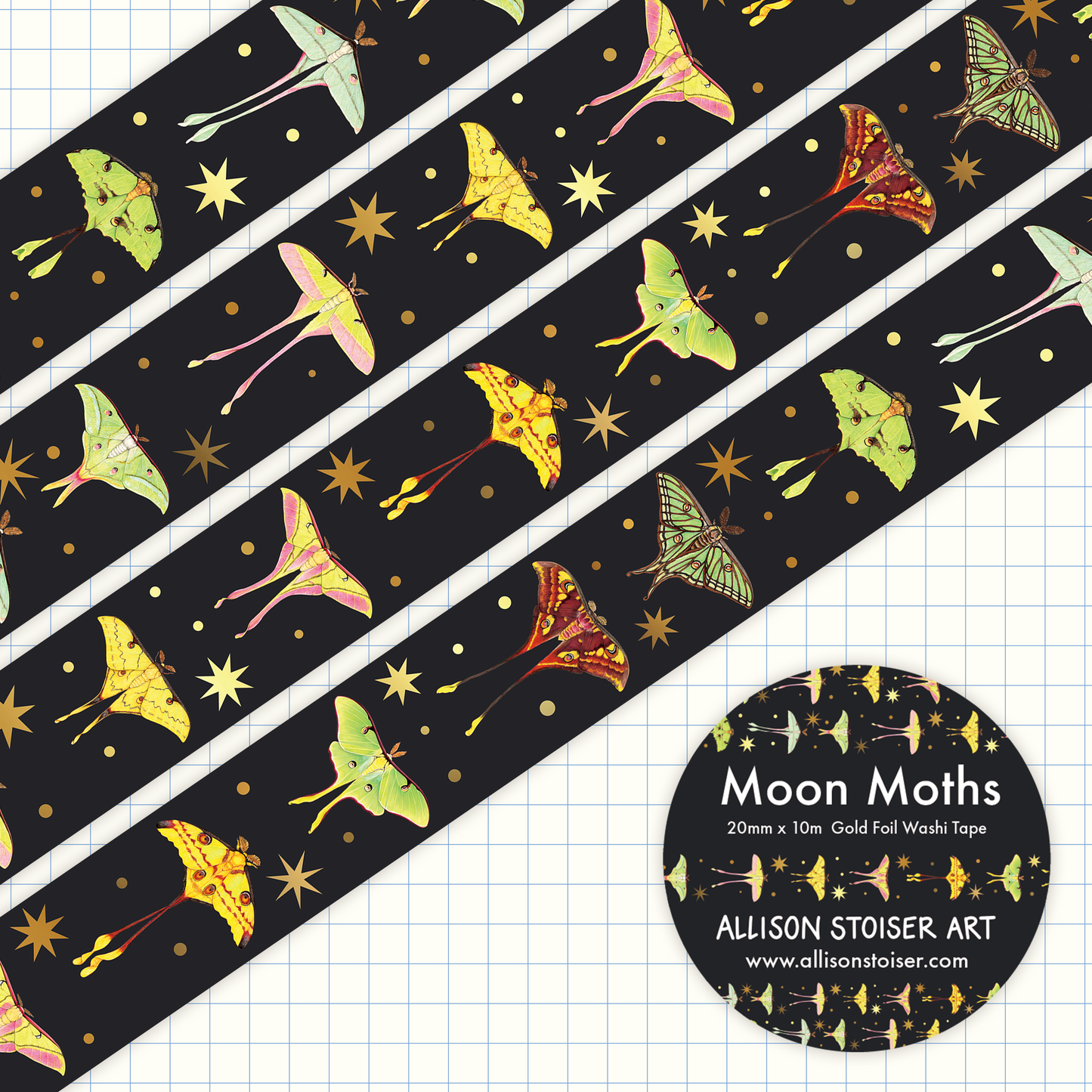 Colorful moon moth pattern on black tape with Allison Stoiser Art branding.