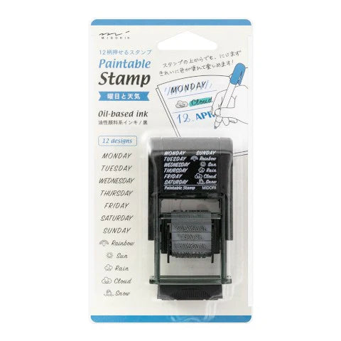 Paintable stamp with days of the week design on packaging