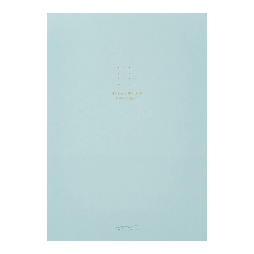 Light blue notebook with gold text on a white background