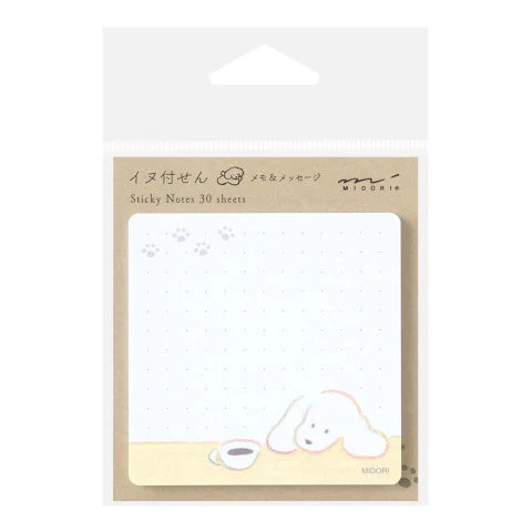Packaged sticky notes with a dog illustration on a white background