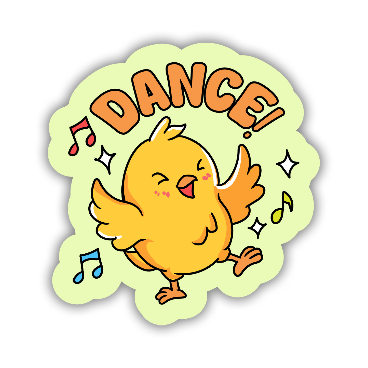 Sticker with a dancing chick and 'DANCE!' text on a light green background