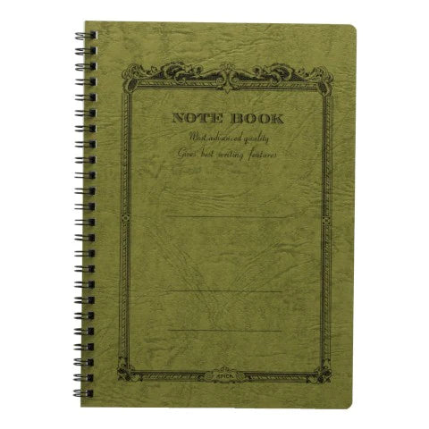 Green notebook with decorative text on a white background