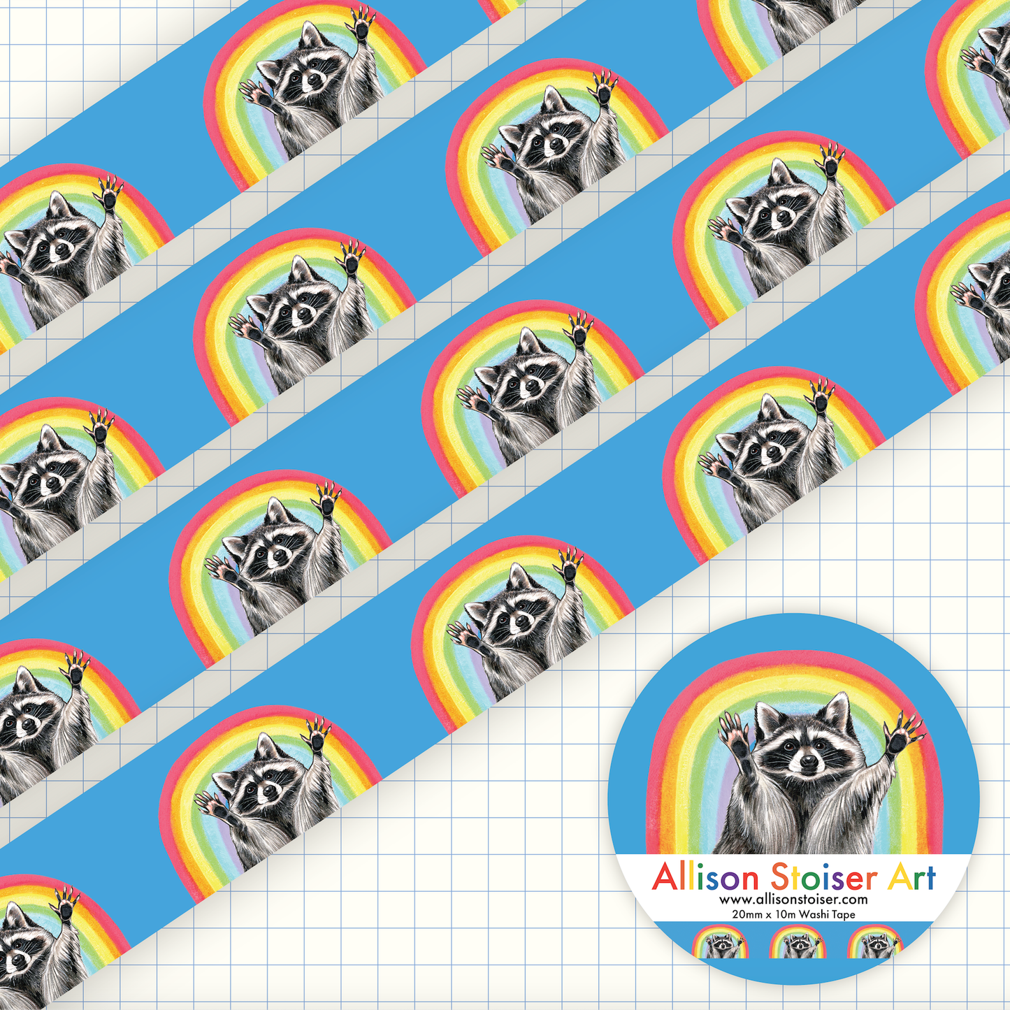 Pattern of raccoons with rainbow backgrounds on a blue background, with 'Allison Stoiser Art' branding.