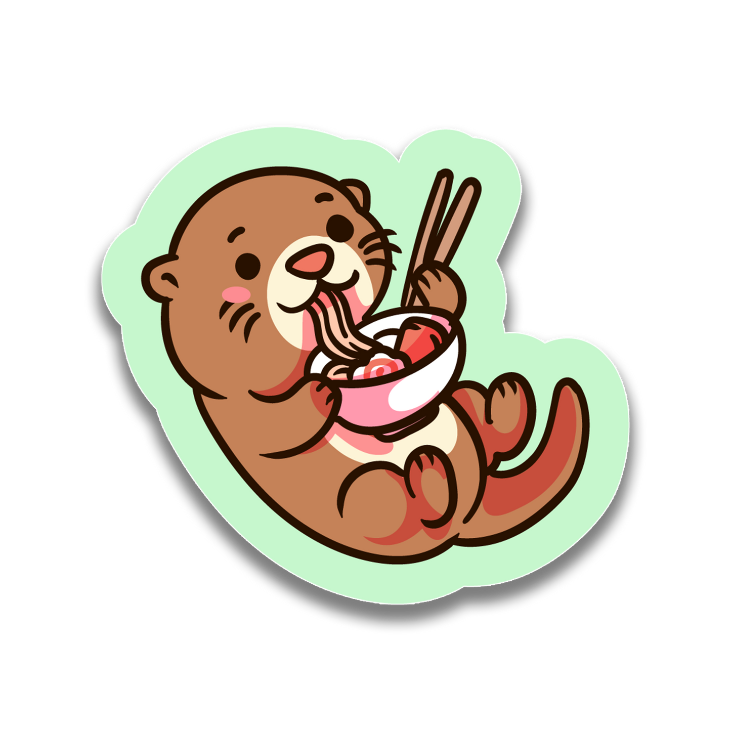 Cartoon otter eating a bowl of ramen with chopsticks on a light green background