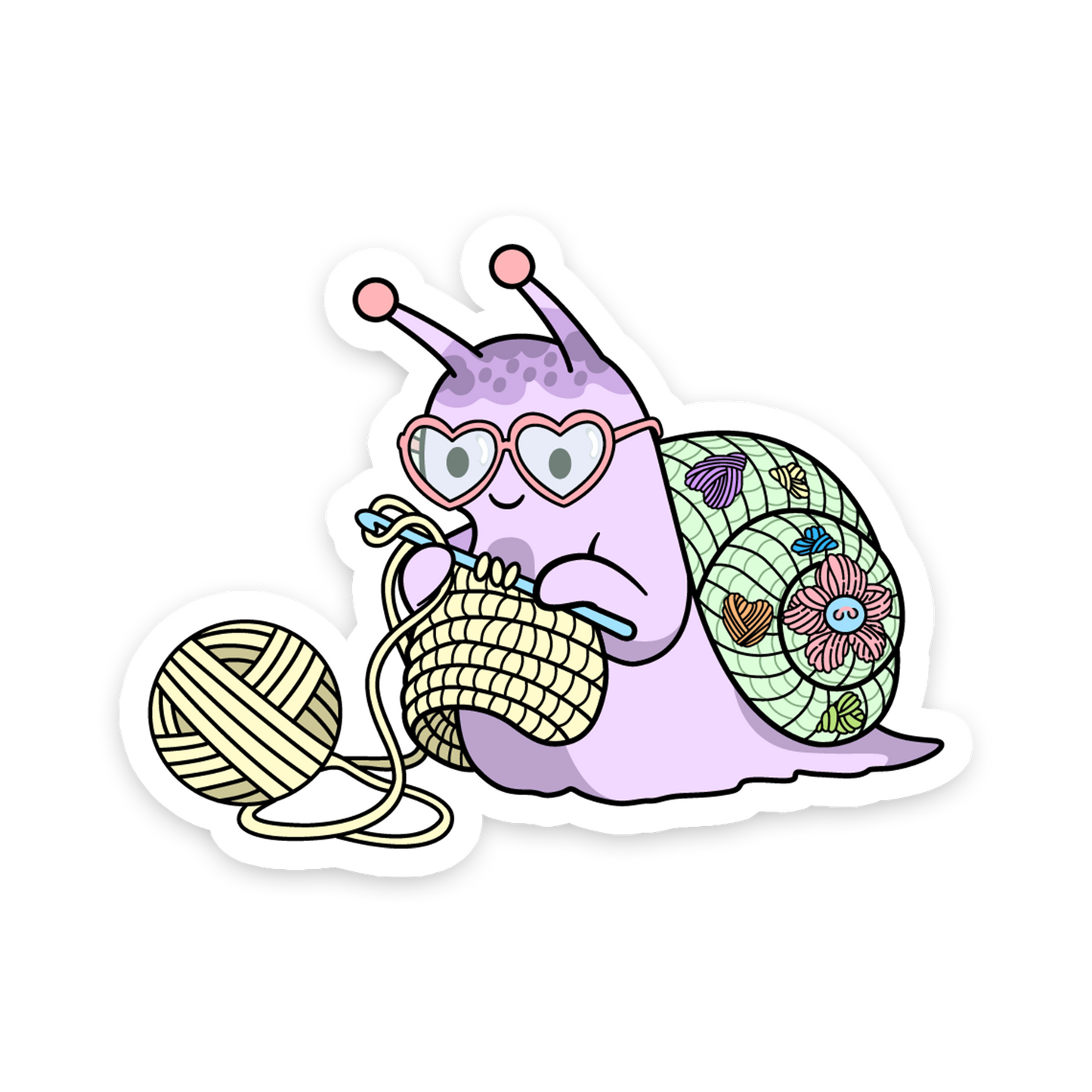 Colorful snail character with yarn and knitting needles on a white background