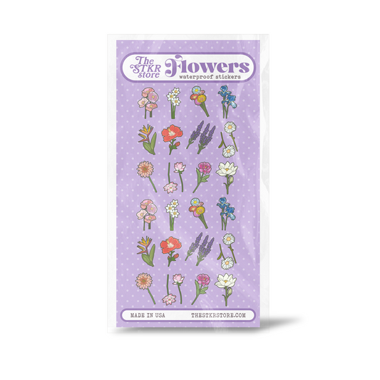 The Stik Store 'Flowers' waterproof stickers sheet, featuring various colorful watercolor-style wildflowers on a light purple polka-dot backing card, shown against a white background.