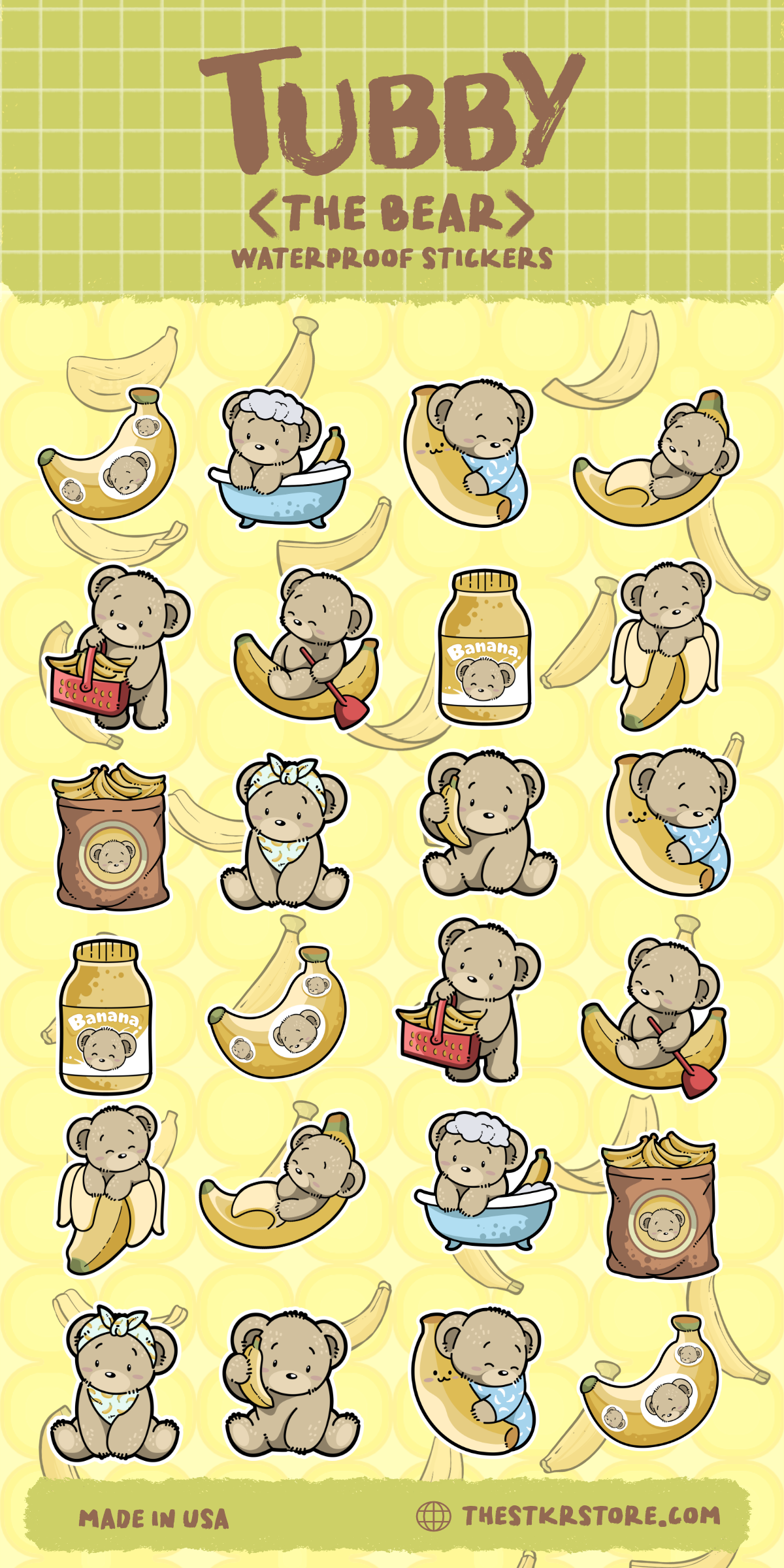 Tubby the Bear waterproof stickers with bananas and honey on a yellow background