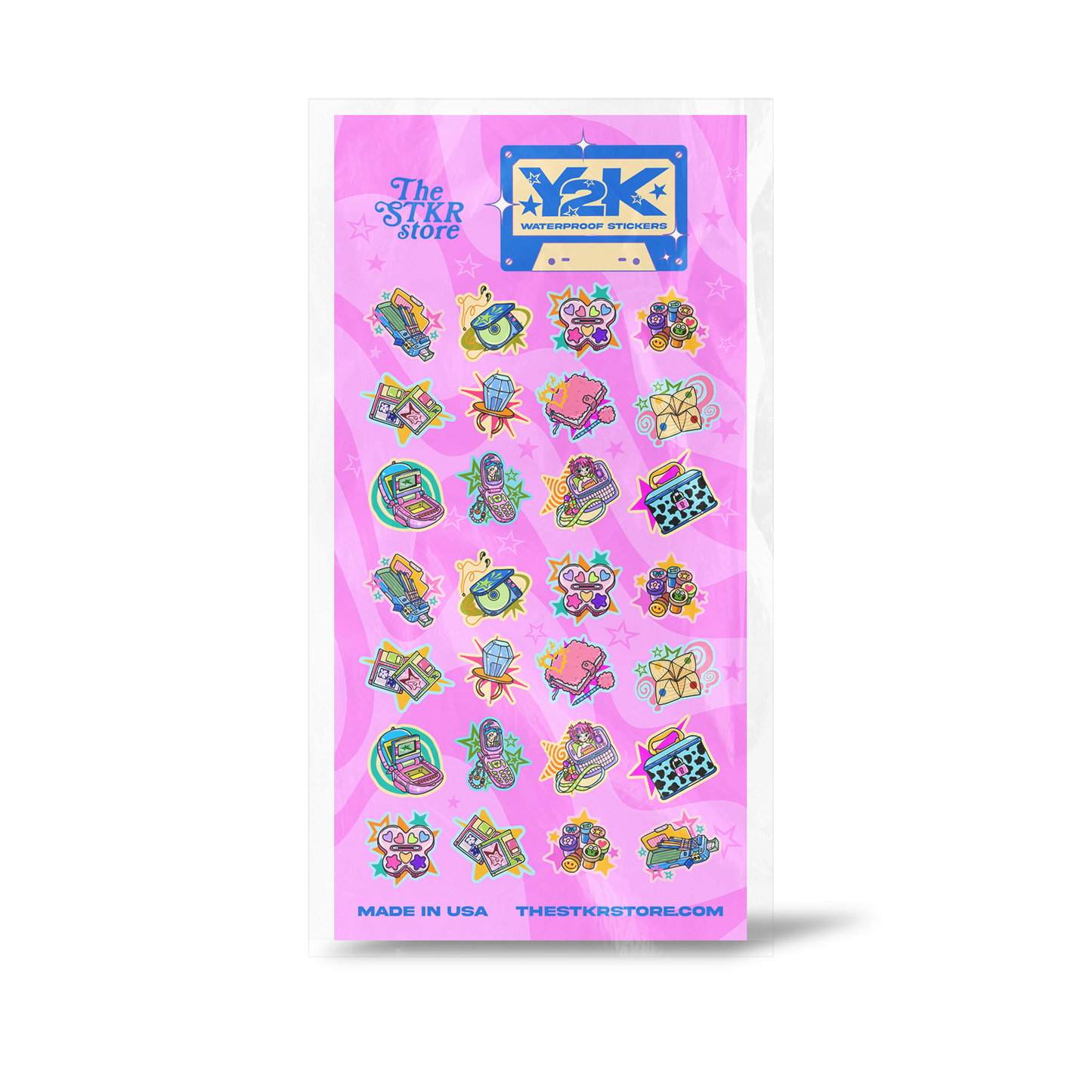 A sheet of colorful stickers in clear plastic packaging with a bright pink backing card. The stickers feature retro gaming and sci-fi motifs, including a cassette tape, video game controller, robot, alien, and space-themed icons.