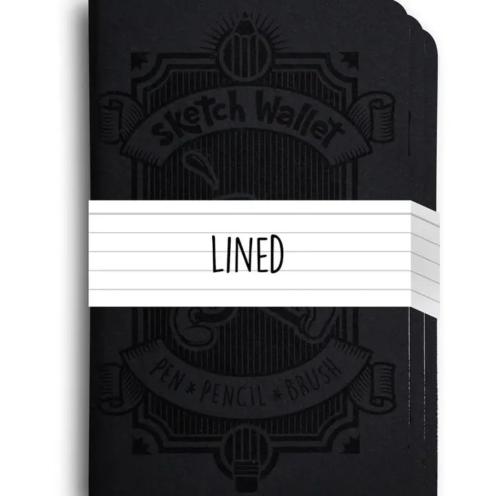 Black lined notebook with decorative text on a white background