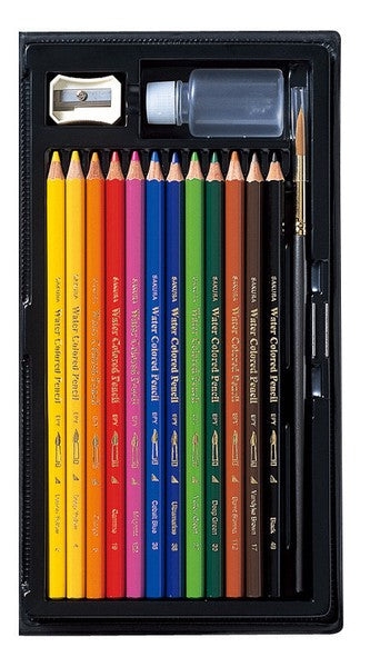 Set of colored watercolor pencils with a sharpener and bottle in a black case.