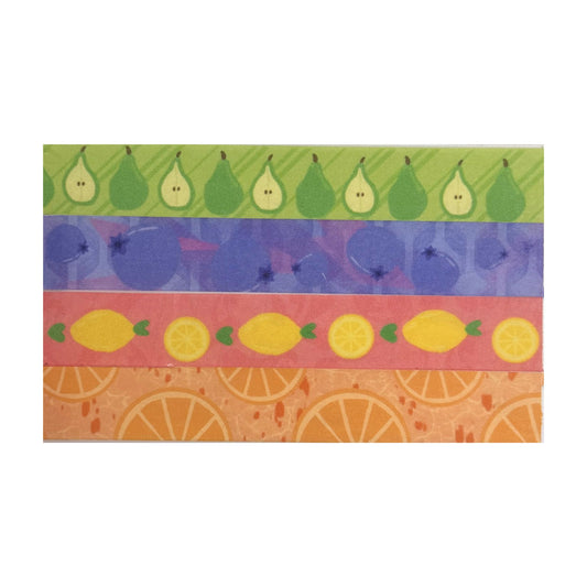 Colorful patterned paper with fruit designs on a white background