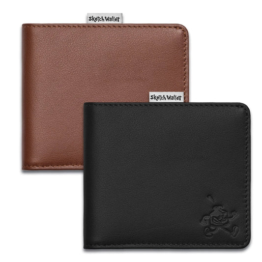 Brown and black leather wallets with 'Sketch Wallet' branding on a white background