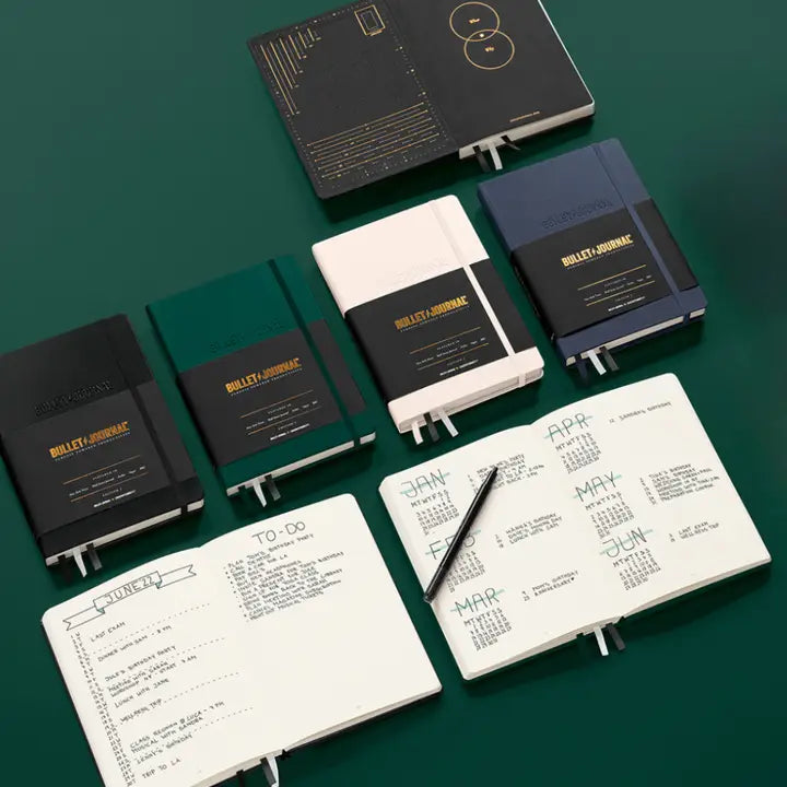 Collection of Bullet Journal notebooks on a green background