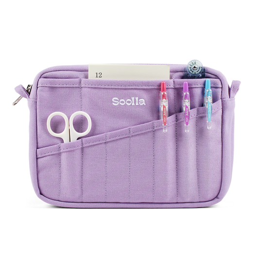 Purple organizer pouch with compartments for stationery items on a white background