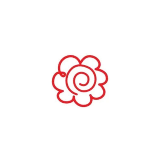 Red flower logo on a white background