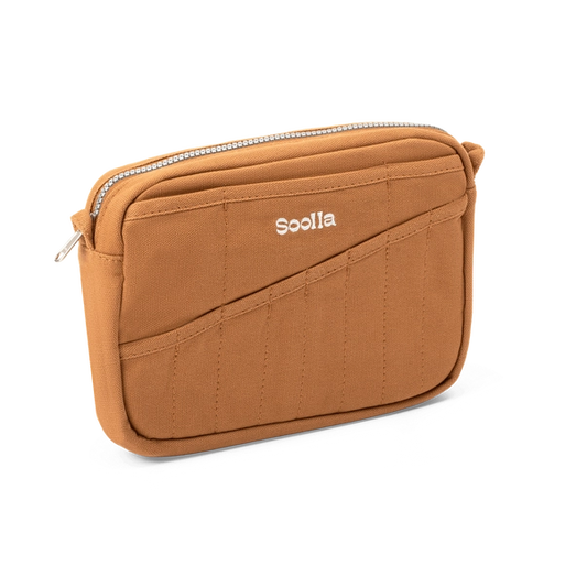 Brown pouch with a zipper and 'Soolala' branding on a white background