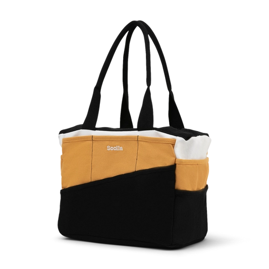 Multicolored tote bag with visible brand name on a white background