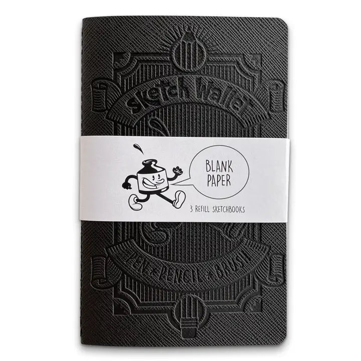 Black sketchbook with embossed design and 'sketchWala' branding on a white background