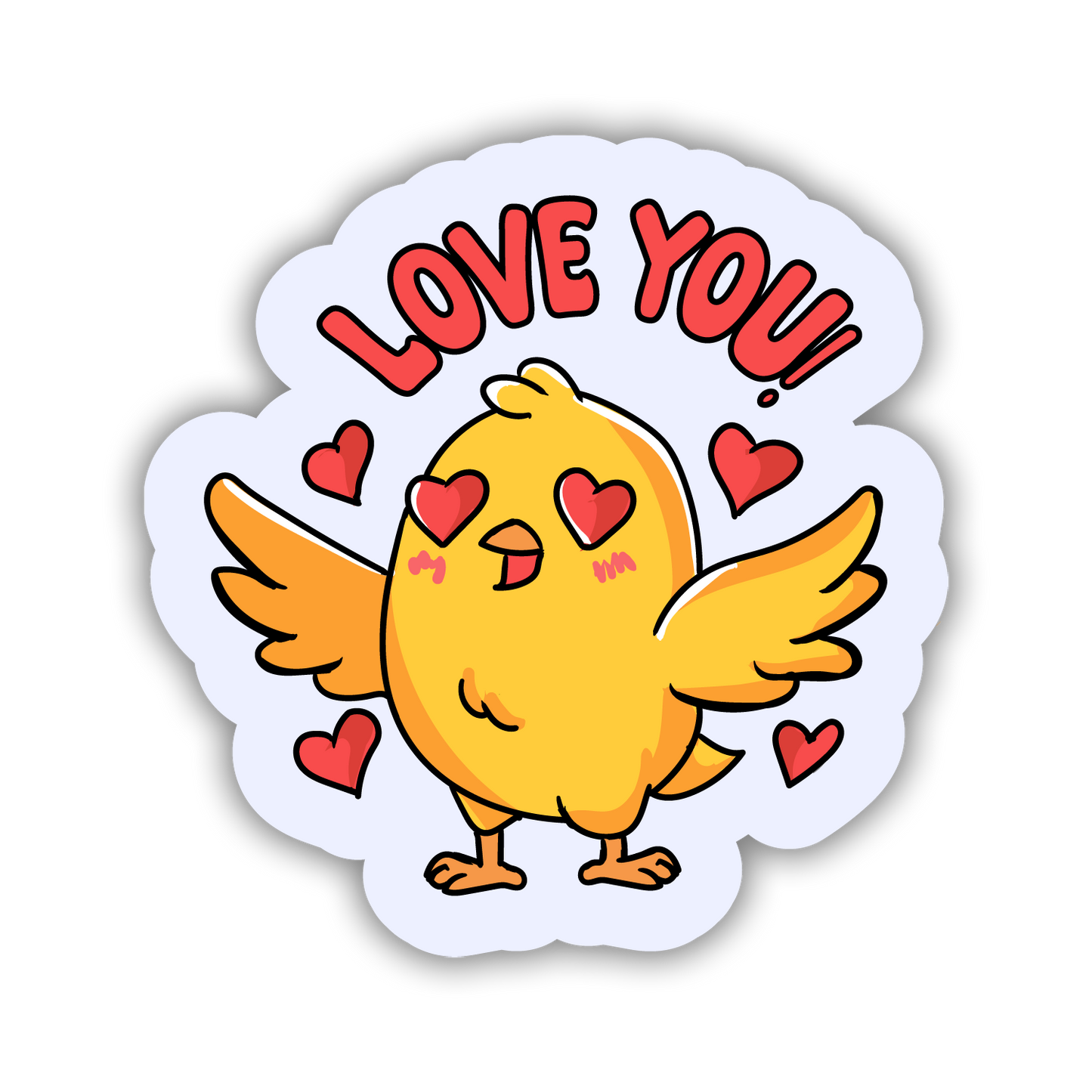 Cartoon chick with 'LOVE YOU!' text and hearts on a white background