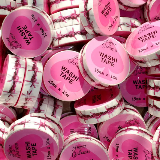 Stack of pink washi tape rolls with visible brand name.