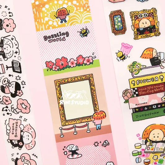 Collection of colorful stickers with various designs on a pink background