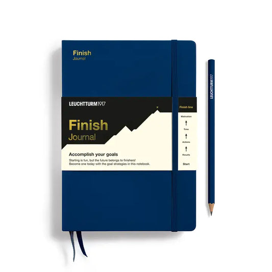 Blue notebook with a pencil on a white background