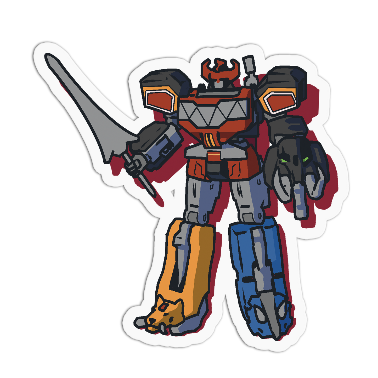 A die-cut vinyl sticker of a stylized robot character resembling Voltron, featuring a red chest, gray arms and sword, blue lower legs, and a yellow-orange lower leg, shown on a white background with a black drop shadow.