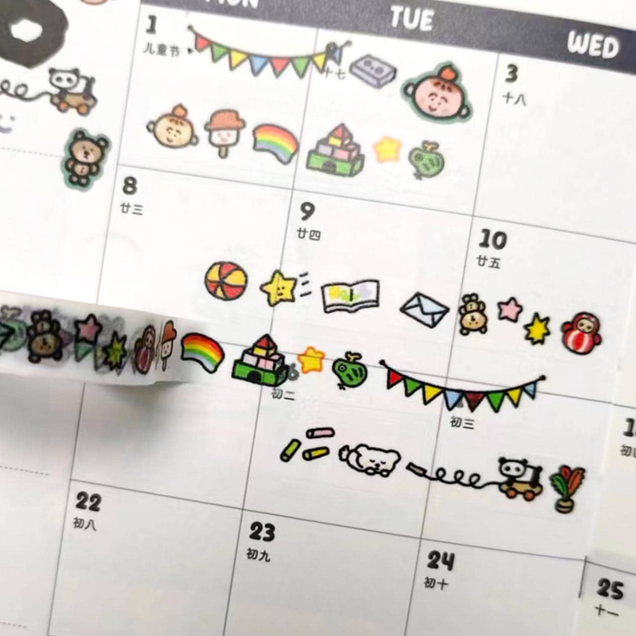 Calendar with cartoon stickers and a stamp on a white background