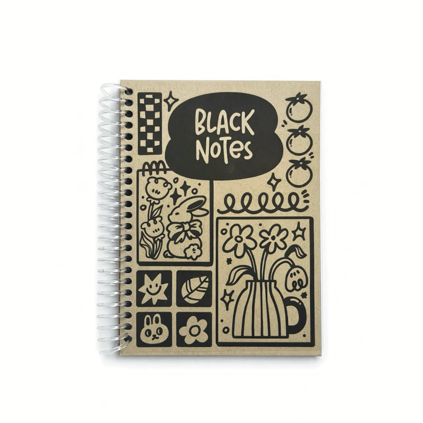 Notebook with black illustrations and 'Black Notes' text on a white background