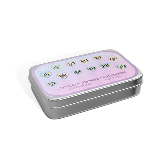 Metal tin with textured waterproof vinyl stickers on a white background