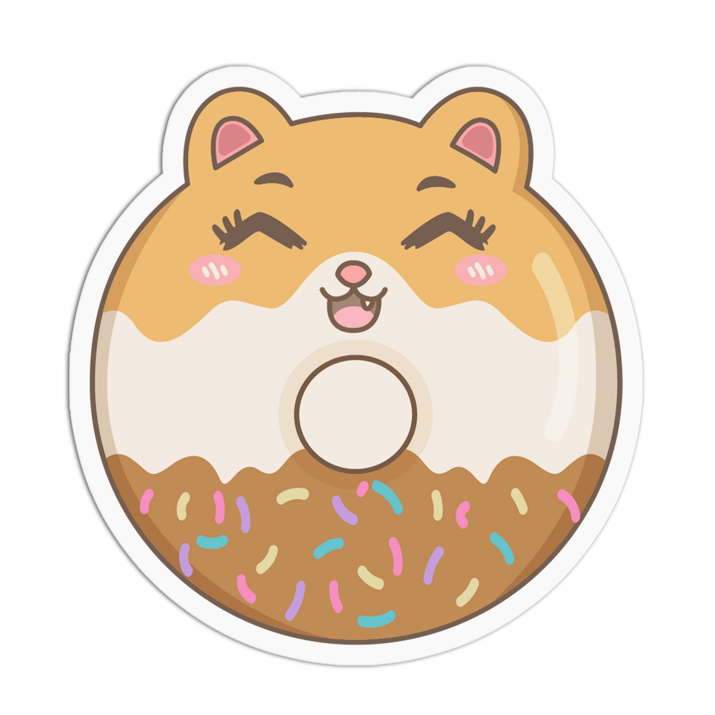 A die-cut cartoon hamster donut sticker on a plain white background. The donut has a tan and cream top with pink inner ears, closed winking eyes, pink cheeks, a brown lower half with multicolored sprinkles, and a white outline around the sticker.