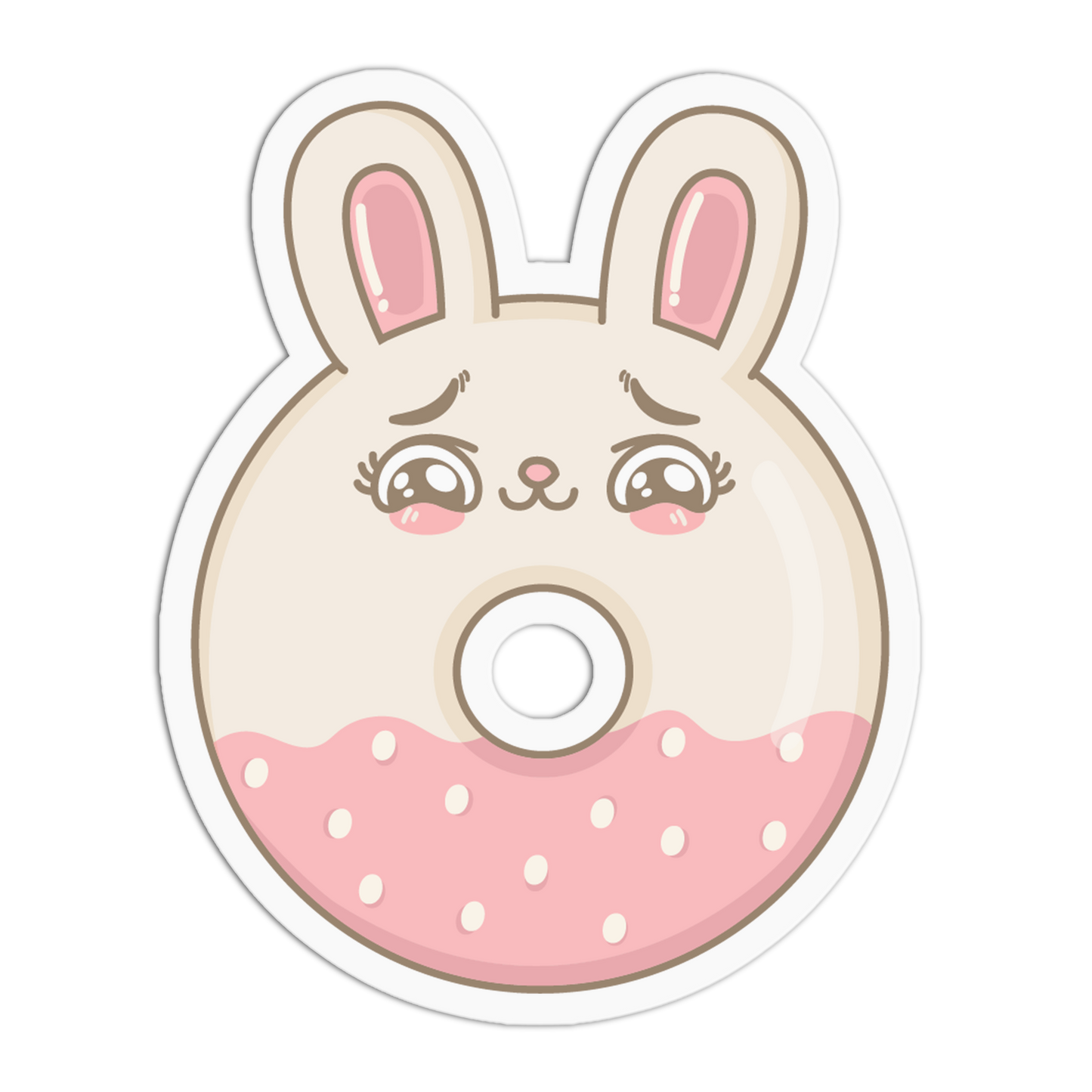 A die-cut cartoon sticker featuring a bunny face with long ears and a pink polka-dotted lower half, shown on a plain white background.