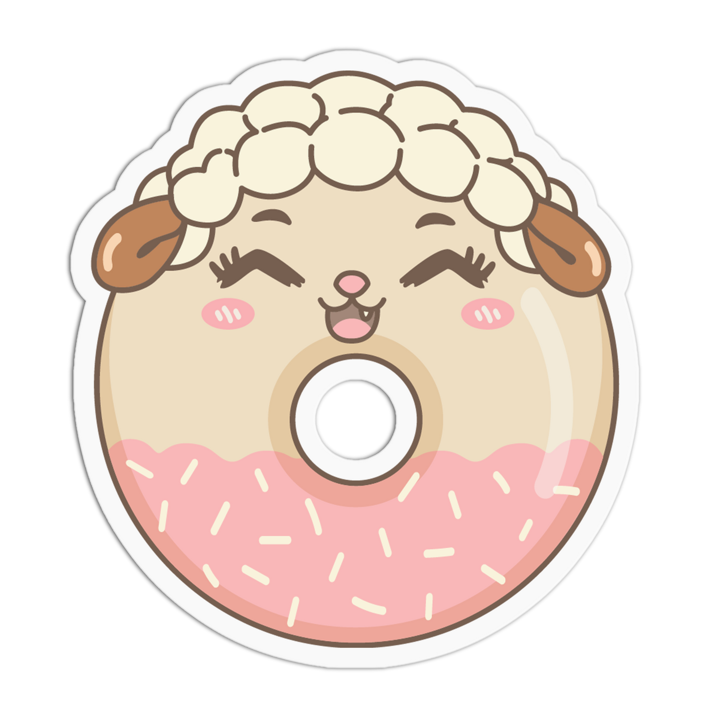A die-cut cartoon sticker of a smiling sheep face with curly cream wool, brown ears, closed winking eyes, pink cheeks, and a pink frosted donut lower half with white sprinkles.