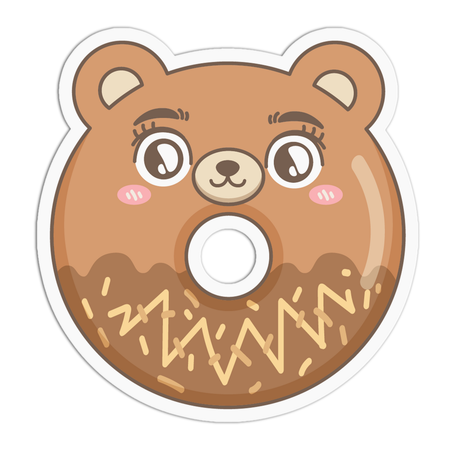A die-cut sticker featuring a cute cartoon bear face designed like a donut, with brown frosting, a darker chocolate-brown lower section, pink cheeks, and embroidered eyelashes, shown on a white background.
