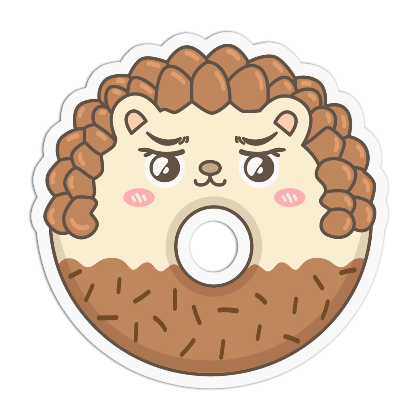 A die-cut cartoon hedgehog donut sticker with a grumpy expression, featuring brown spikes, a cream face, pink cheeks, and a brown textured lower half, shown on a white background.