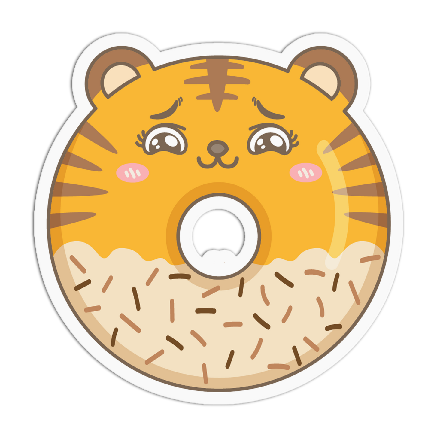 A die-cut sticker featuring a cute cartoon tiger face designed like a donut, with orange and brown stripes, pink cheeks, and sprinkles on a white background.