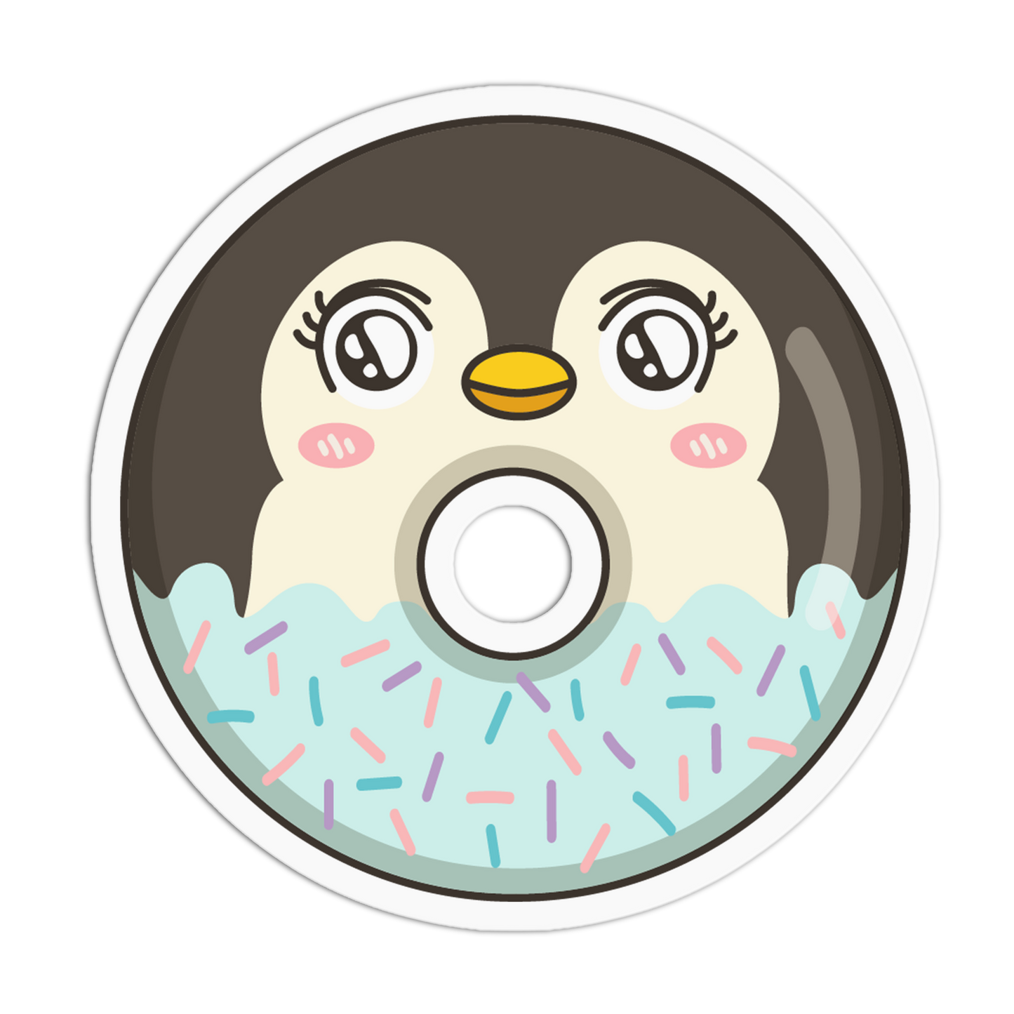 A circular sticker or decal featuring a cute cartoon penguin face inside a donut design. The penguin has cream-colored cheeks, a yellow beak, pink cheeks, and a dark brown head.