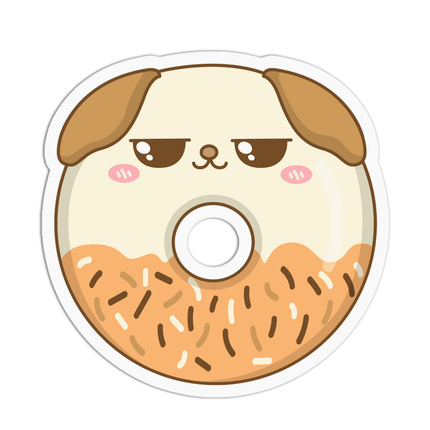 A die-cut sticker featuring a cute cartoon puppy designed like a donut, with cream-colored frosting, brown ears, and a brown sprinkled lower half, shown on a plain white background.